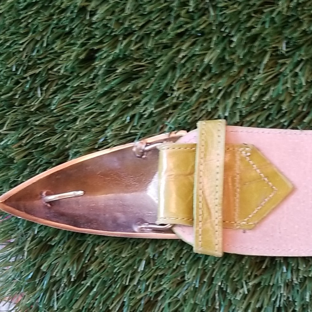 80's Vtg Leather Mod Brass Buckle Olive Pea Green 2.5" Waist BELT by DETAILS usa - Picture 7 of 13